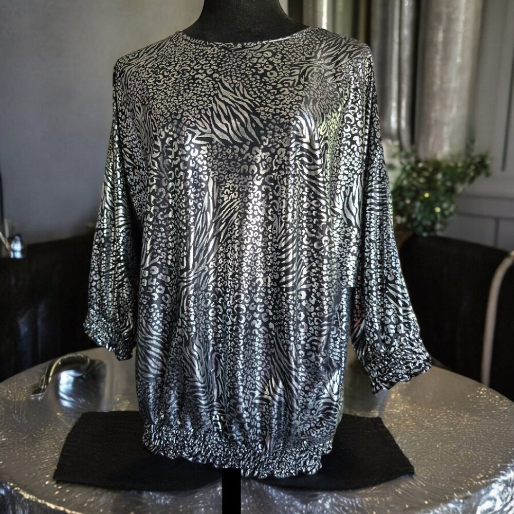 Vintage MAGGIE LAWRENCE COLLECTION Black Silver Metallic Blouse Size 14/16